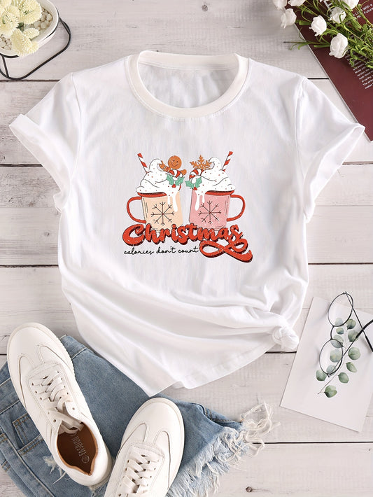 Add some fun to your spring/summer wardrobe with our Cool and Fun Christmas Cartoon Drink Print Crew Neck T-Shirt for Women's. The unique design is a playful twist on traditional holiday prints, making it versatile for any occasion. Stay stylish and comfortable with this must-have casual piece.