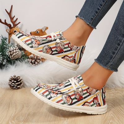 Holiday Cheer: Women's Santa Claus Striped Pattern Sneakers – Christmas Low-Top Flat Loafers for Casual Style and Comfort