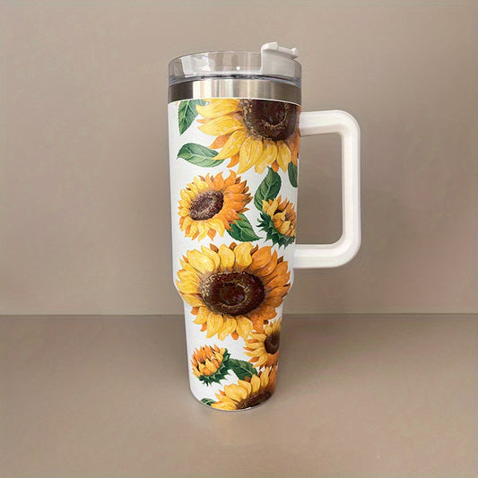40oz Sunflower Pattern, Stars Pattern Stainless Steel Tumbler with Lid and Straw - Portable and Large Capacity Water Bottle for Outdoor Camping and Travel - Perfect Birthday Gift