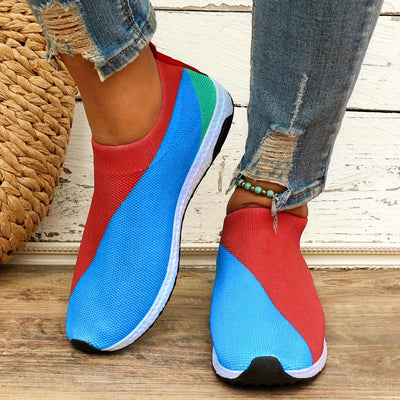 Women's Breathable Knit Slip-On Sneakers: Colorblock Style for Casual Outdoor Trainers