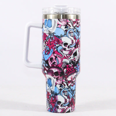 40oz Halloween Doodle Skull Tumbler, Stainless Steel Leakproof Handle Tumbler Car Insulation Cup With Lid Straw For Outdoor Camping, Hiking, Driving, Birthday Gift