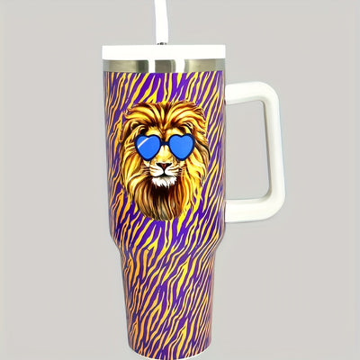 40oz Lion Tumbler: Stylish and Insulated Stainless Steel Water Bottle with Handle, Lid, and Straw – Perfect Summer Drinkware for Car, Home, Office, and Travel