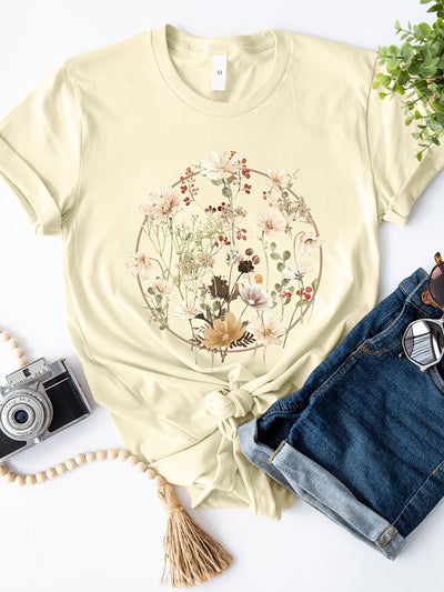 Floral Graphic Print Crew Neck T-Shirt, Casual Short Sleeve T-Shirt For Spring & Summer, Women's Clothing