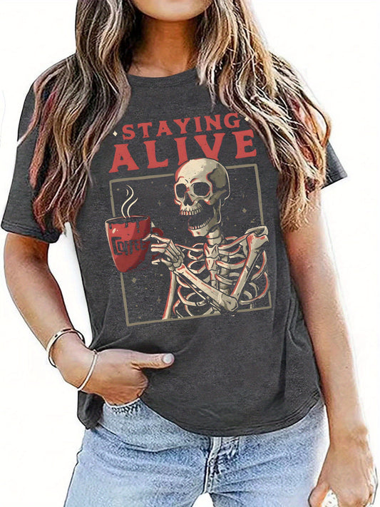 This exclusive T-shirt features a stylish and contemporary Skeleton Letter print, perfect for the fashion-forward woman. Its lightweight fabric and crew neck design will keep you comfortable all day - drape it over jeans and your favorite sneakers for a new spin on casual street style.