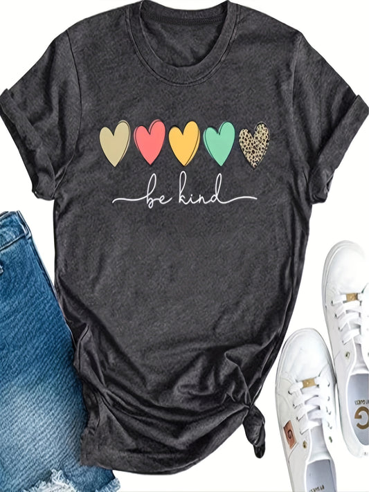 Make a statement and spread some love with this Cute Heart and Be Kind Print Graphic T-Shirt. Perfect for casual everyday wear, this top offers all-day comfort and a stylish, eye-catching look. Its lightweight fabric and relaxed fit make it perfect for warm days.