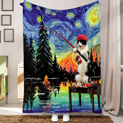 Van Gogh Art Kitten Fishing Flannel Blanket: A Cozy Throw Blanket for All Seasons