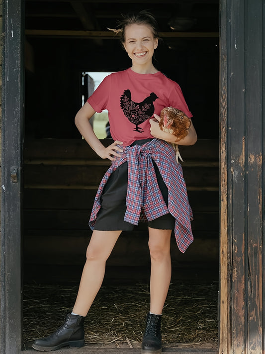 This women's t-shirt features a unique chicken floral print that adds a touch of style to any outfit. Made from soft and comfortable fabric, it's perfect for casual wear and features a crew neck and short sleeves. Express your personal style with this fashionable and versatile top.