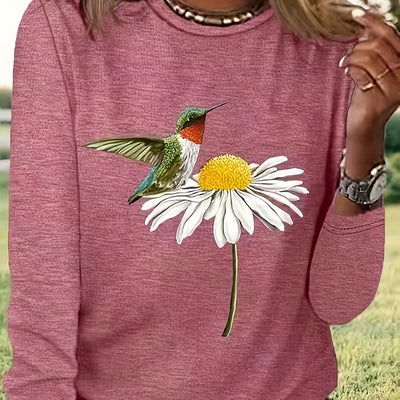 Whimsical Bird and Flower Print Crew Neck T-Shirt: A Perfect Casual Long Sleeve for Spring-Fall