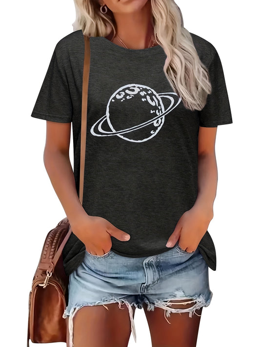 This crew neck t-shirt is the perfect way to embrace the vibrant spirit of spring and summer. The stylish and comfortable design makes it an ideal choice for casual women's fashion. Its all-over planet pattern will surely turn heads no matter where you go.