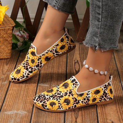 Stylish and Comfortable Women's Leopard Sunflower Print Flat Shoes: Casual Slip-On Shoes with Lightweight Features for Ultimate Comfort - Temu