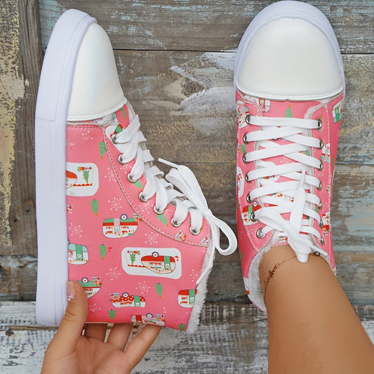 Cute and Cozy: Women's Cartoon Print Canvas Shoes - Casual, Plush-Lined High Tops