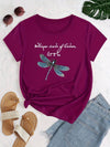 Colorful Dragonfly & Letter T-Shirt, Cute Cartoon Short Sleeve Crew Neck Shirt, Casual Every Day Tops, Women's Clothing