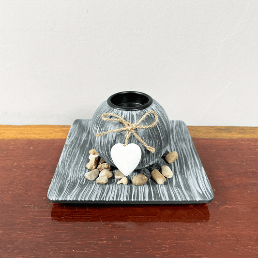 Enhance Your Space with the Elegant Love Candle Holder Set: Wooden Grey Ball Candle Holder with Tray