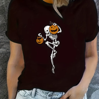 Spooky and Stylish: Halloween Skeleton Pumpkin Print T-Shirt For Women - Perfect for Spring and Summer!