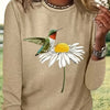 Whimsical Bird and Flower Print Crew Neck T-Shirt: A Perfect Casual Long Sleeve for Spring-Fall