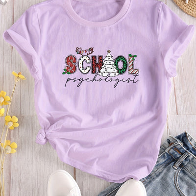 Festive Christmas Letter Print Tee: Casual Short Sleeve Crew Neck T-Shirt – Women's Clothing