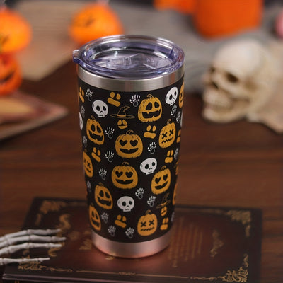 20oz Stainless Steel Halloween Pumpkin Pattern Tumbler with Lid and Straw - Double Walled Insulated Water Bottle for Cold Drinks, Perfect for Summer and Winter Travel