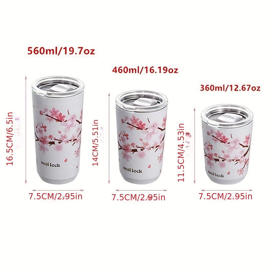 Cherry Blossom Pattern Tumbler - Anti-Slip 304 Stainless Steel Insulated Cup with Straw for Milk Tea, Coffee, and Water