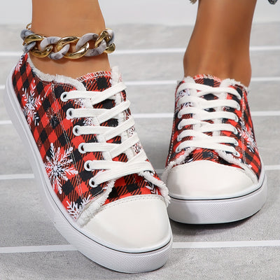 Christmas Charm: Women's Snowflake Plaid Print Low Top Canvas Shoes for Festive Flair