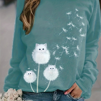 Dandelion Dream: Cute Cat Print Sweatshirt - Casual and Comfy Crew Neck Long Sleeve Top for Women