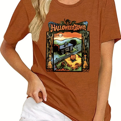 Halloween Vibes: Graphic Print Crew Neck T-Shirt - A Casual Short Sleeve Top for Spring/Summer Women's Clothing