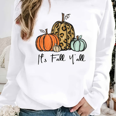 Pumpkin and It's Fall Y'all Print Sweatshirt, Casual Long Sleeve Crew Neck Sweatshirt, Women's Clothing