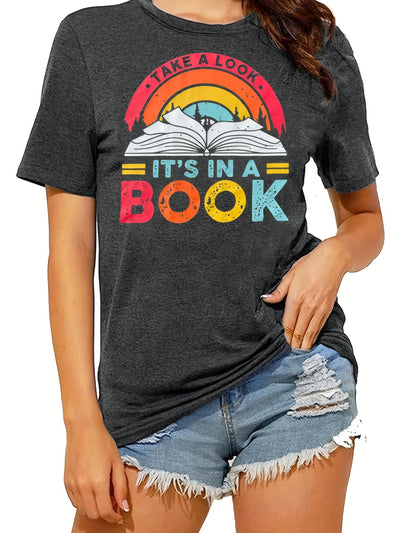 Vibrant Letter Book Print T-Shirt: A Stylish Casual Top for Women's Spring/Summer Wardrobe