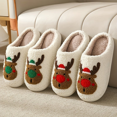 Festive Cartoon Christmas Deer Print Slippers: Slip-On, Non-Slip, Warm and Cozy Indoor Shoes