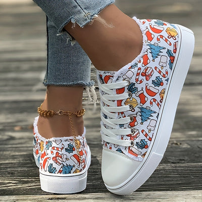 Festive Finesse: Women's Christmas Style Canvas Shoes - Casual Raw Trim Low Top Skate Shoes for All-Season Comfort and Style