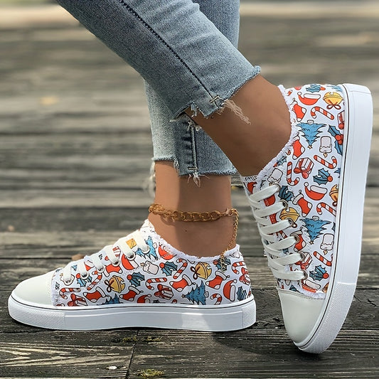 Get into the holiday spirit with Festive Footwear Women's Christmas Style Canvas Shoes. These low-top skate shoes offer a Casual and Comfortable fit with a fashionable Raw Trim design, perfect for all your festive outfits.