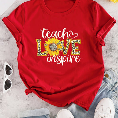 Teacher Love Inspire Letter and Leopard Print T-Shirt, Short Sleeve Crew Neck Casual Top For Spring & Summer, Women's Clothing