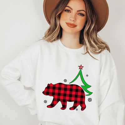 Cute and Cozy: Christmas Bear Print Sweatshirt - Casual Long Sleeve Crew Neck Sweatshirt for Women's Clothing