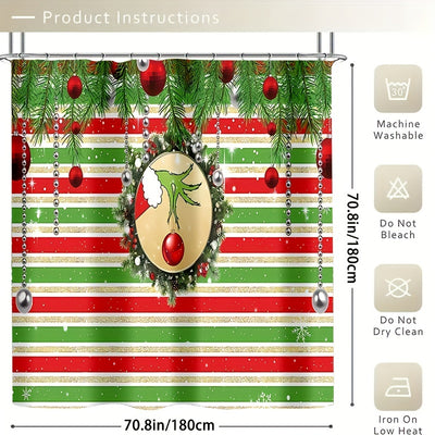 Stylish and Festive: 4-Piece Striped Bell Pattern Shower Curtain Set with Bathroom Rug and Accessories - Christmas Decorations