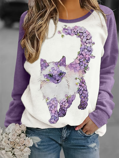 This Cat Print Raglan Sleeve Sweatshirt is a stylish and cozy addition to your fall/winter wardrobe. The casual crew neck design is perfect for everyday wear, while the cute cat print adds a touch of personality. Made with a soft and comfortable fabric blend, it's the perfect combination of fashion and comfort.