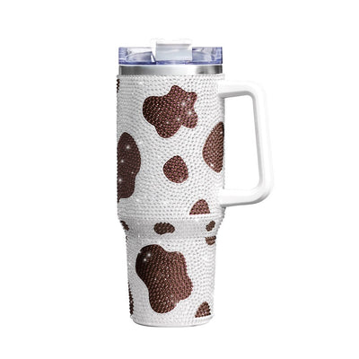 40oz Rhinestone Design and Cow Pattern Stainless Steel Tumbler with Lid and Straw - Portable and Stylish Drinking Cup for Car, Home, Office, and Travel - Perfect Birthday Gift