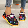 Colorful Pumpkin & Bat Pattern Women's Canvas Shoes, Casual Lace Up Outdoor Shoes, Lightweight Low Top Halloween Shoes