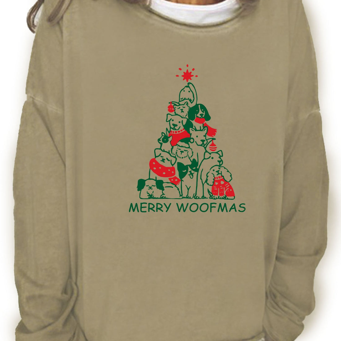 Introduce a playful and festive touch to your holiday wardrobe with our Christmas Dog Tree Print Sweatshirt. With a comfortable crew neck and long sleeves, this sweatshirt features a charming dog and tree print, perfect for a casual and cozy holiday look.