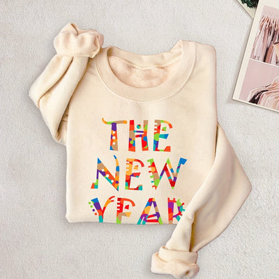 The New Year Print Long Sleeve Sweatshirt, Crew Neck Pullover Tops For Winter, Women's Clothing