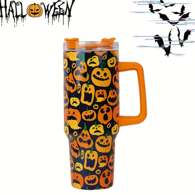 40oz Halloween with Scary Pumpkin Tumbler, Straw & Handle - Perfect for Car, Home & Office Use - Birthday Gift Idea!