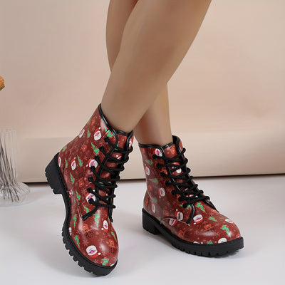 Festive and Fun: Women's Christmas Cartoon Print Ankle Boots - Get into the Holiday Spirit with These All-Match Outdoor Boots!