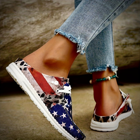 Patriotic Women's Flag and Leopard Pattern Canvas Slip-On Shoes - Lightweight and Comforrtable and Versatile Walking Shoes - Perfect for the 4th of July!