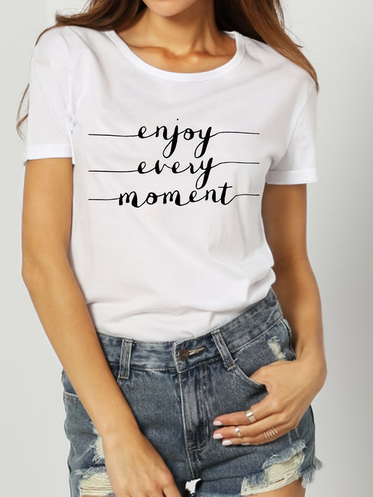 Introducing our Enjoy Every Moment Women's Casual Summer Top! Made with a short sleeve print crewneck t-shirt, this top is perfect for any summer occasion. Stay comfortable and stylish while embracing every moment this season.