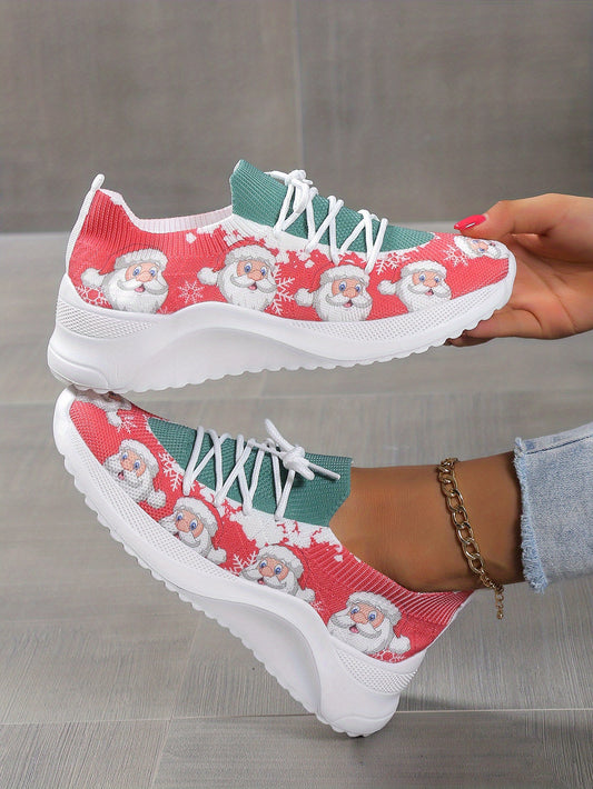 Stay festive all season long with these holiday-ready shoes! Made from a lightweight breathable material, these comfortable sneakers feature a playful cartoon Santa Claus print. Perfect for spreading holiday cheer with every step!