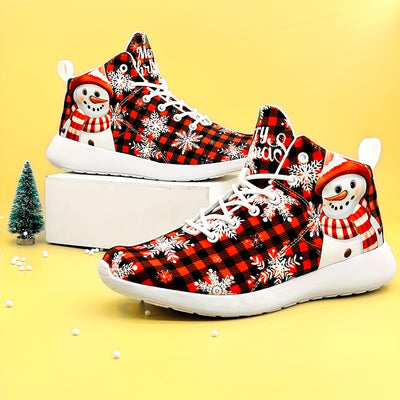 Festive Comfort: Christmas Snowman Plaid Pattern Soft Sneakers for Casual Versatile Style and Lightweight Running