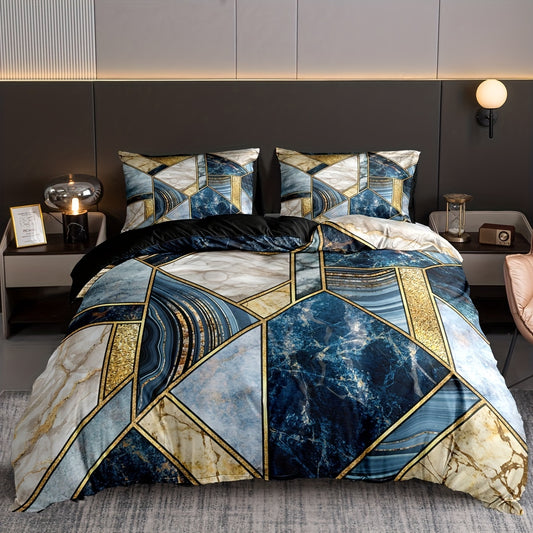 Our Bronzing Marble Pattern Stitching Duvet Cover Set offers the ultimate level of coziness and comfort. Made from 100% polyester, it is reliable and durable for long-lasting use. Includes one duvet cover and two pillowcases without cores. Ideal for those seeking luxurious bedding for a good night's rest.