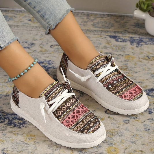 Trendy Women's Retro Ethnic Canvas Shoes - Lightweight & Comfortable Lace-Up Flats