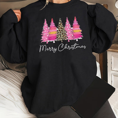 Ladies' Festive Fashion: Christmas Tree Print Sweatshirt - A Casual and Cozy Holiday Must-Have!