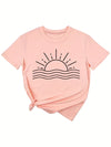 Graphic Print Crew Neck T-Shirt with Sun, Casual Short Sleeve T-Shirt For Spring & Summer, Women's Clothing