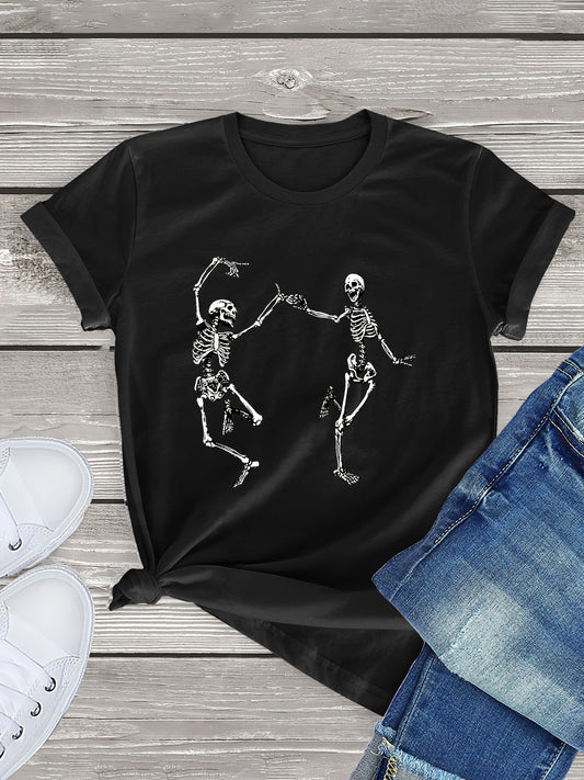 This stylish and timeless Playful Elegance: Dancing Skeletons Print T-Shirt for women is a perfect addition to any Spring/Summer wardrobe. Crafted with a soft and lightweight fabric, this t-shirt brings a unique perspective to fashion with its vivid print of dancing skeletons.