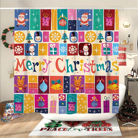 Cartoon Christmas Patchwork Printed Shower Curtain: Waterproof Polyester Bath Curtain with 12 Hooks - Bathroom Accessories for Festive Christmas Décor